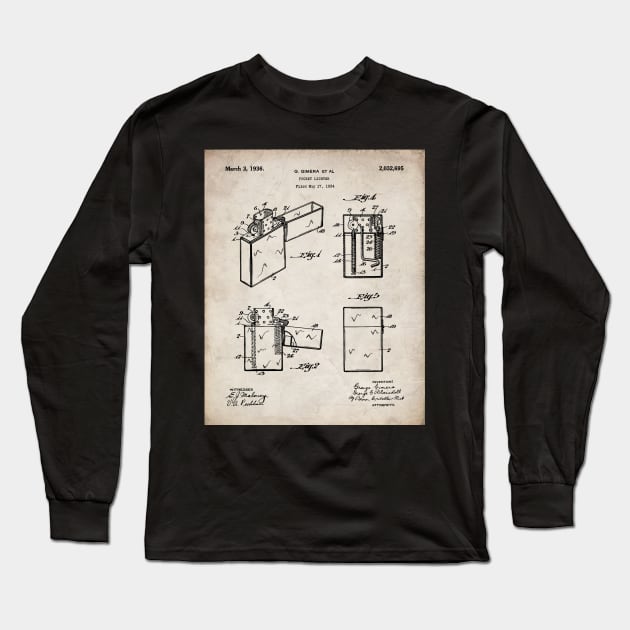 Zippo Lighter Patent - Smoking Smoker Smoke Vape Shop Art - Antique Long Sleeve T-Shirt by patentpress